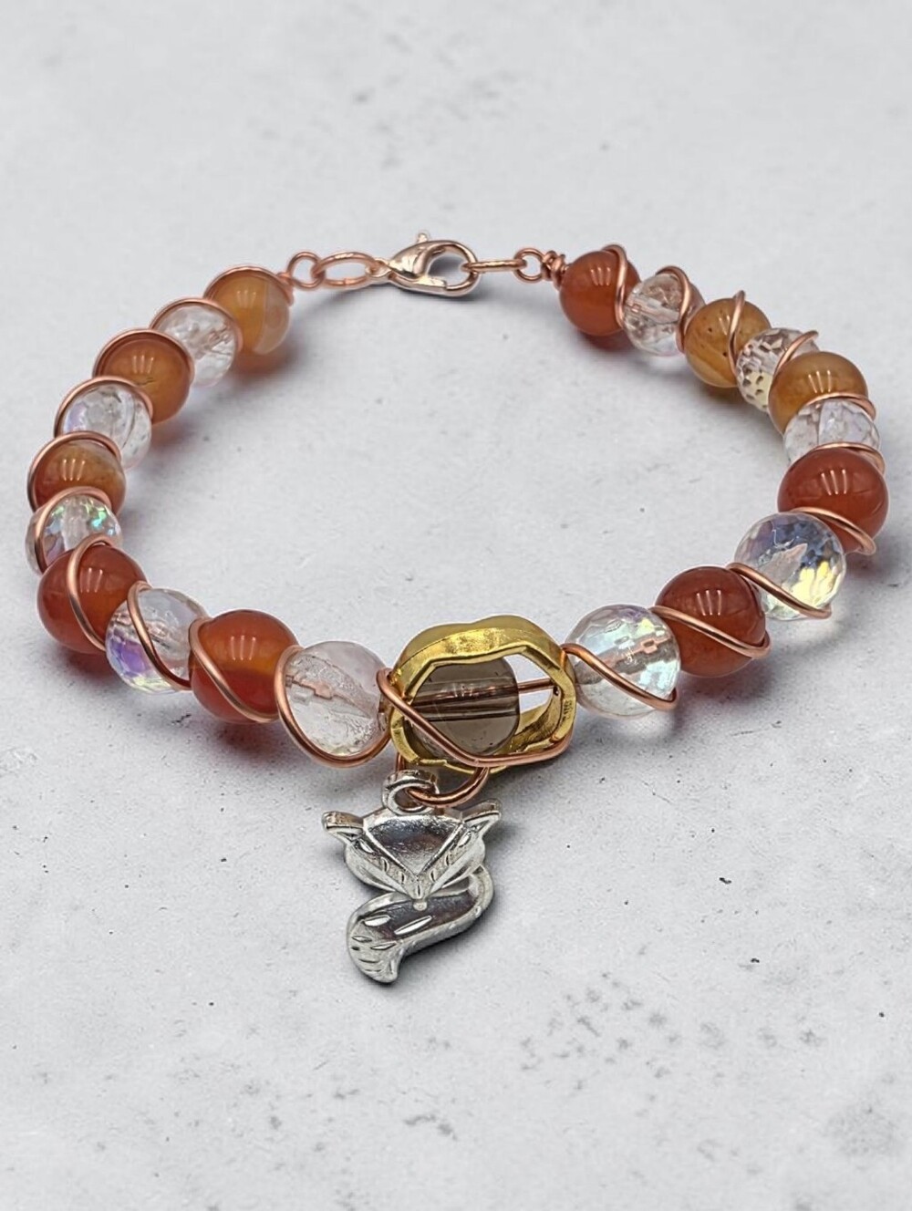 Handcrafted Carnelian & Iridescent Glass Bead Bracelet with Silver Fox Charm